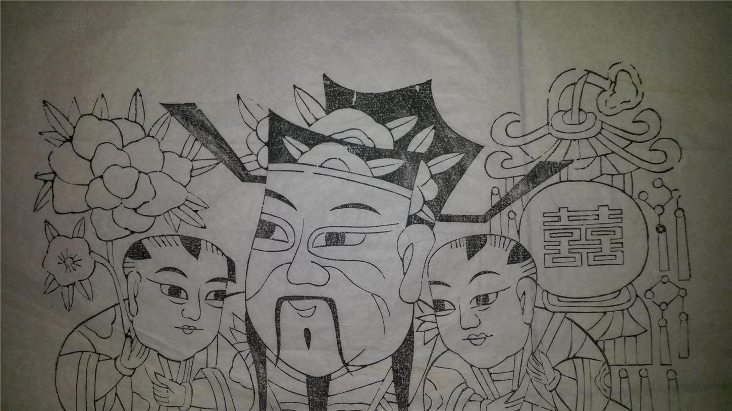 80年代印杨家埠木刻木版年画版画*五子门神线稿一对*