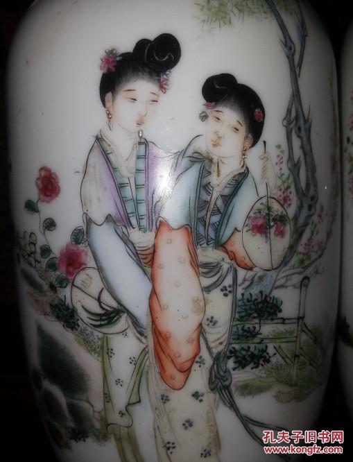民国名家吴少锋手绘五彩粉彩人物双耳大花瓶一对包老稀少珠山西轩