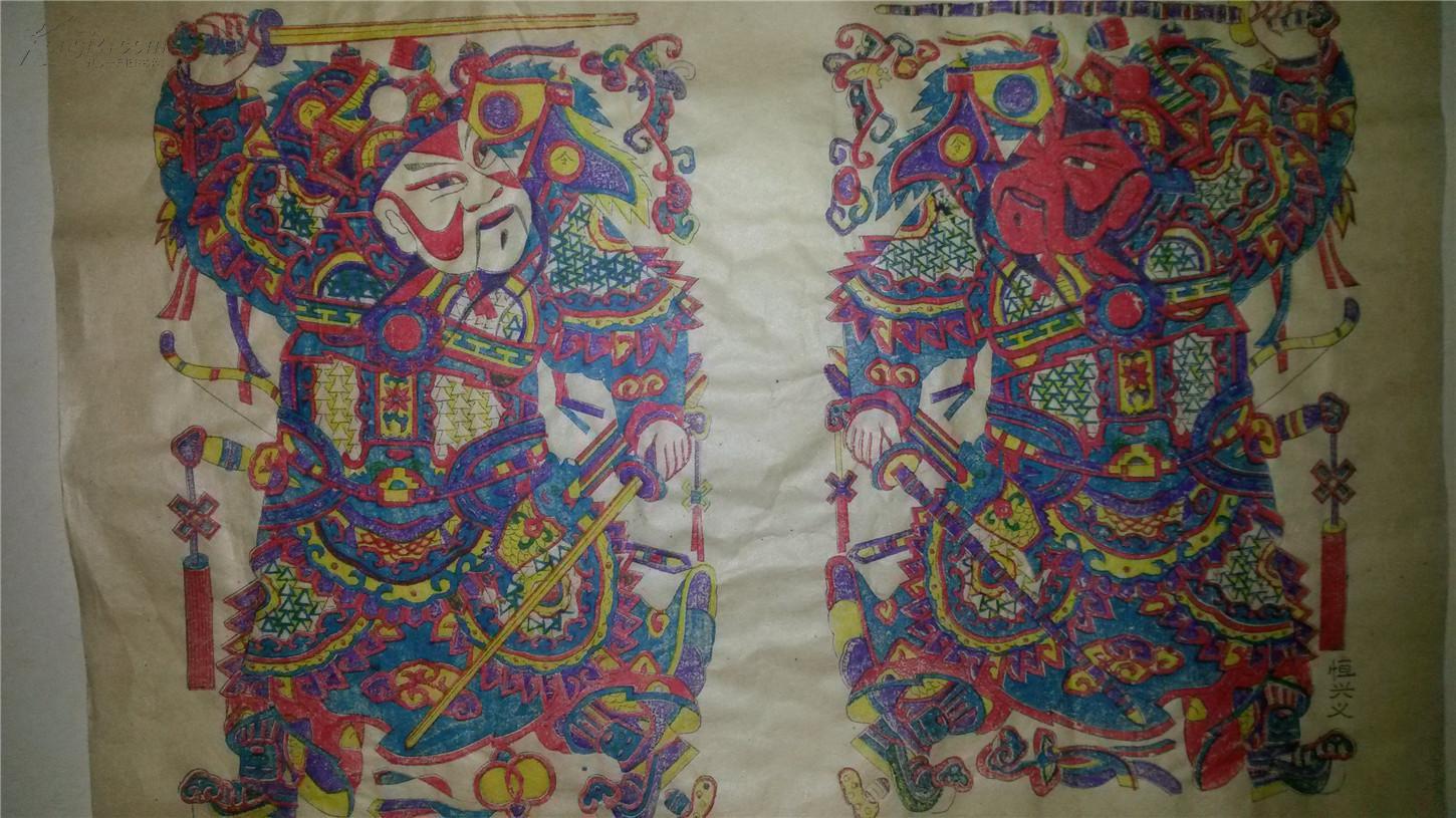 仿古宣纸印木刻木版年画版画*横锏小秦琼敬德门神一对