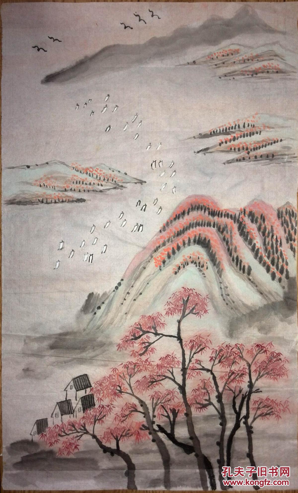 手绘真迹国画:无款山水画《满山红叶 白帆点点》