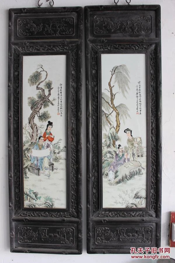 著名陶瓷大家王大凡瓷板画四条屏人物精品尺寸外框120x37厘米内框72