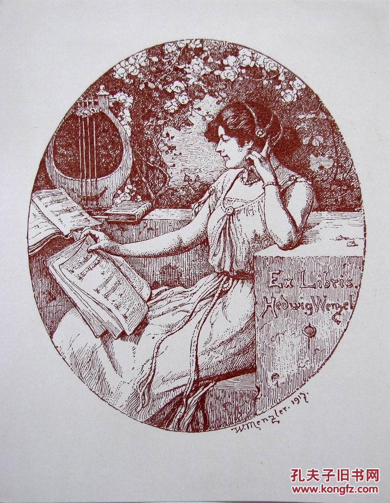 德国艺术家"wilhelm menzler "线刻人体藏书票——《读书女》1917