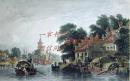 1843年1版【大清帝国建筑、风景和风俗】“彩色”精品钢板画—《广州附近运河旁的宝塔村》阿罗姆作品 古老的手工上色 21x27cm
