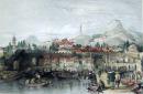 1843年1版【大清帝国建筑、风景和风俗】“彩色”精品钢板画—《城镇的桥头》阿罗姆作品 古老的手工上色 21x27cm