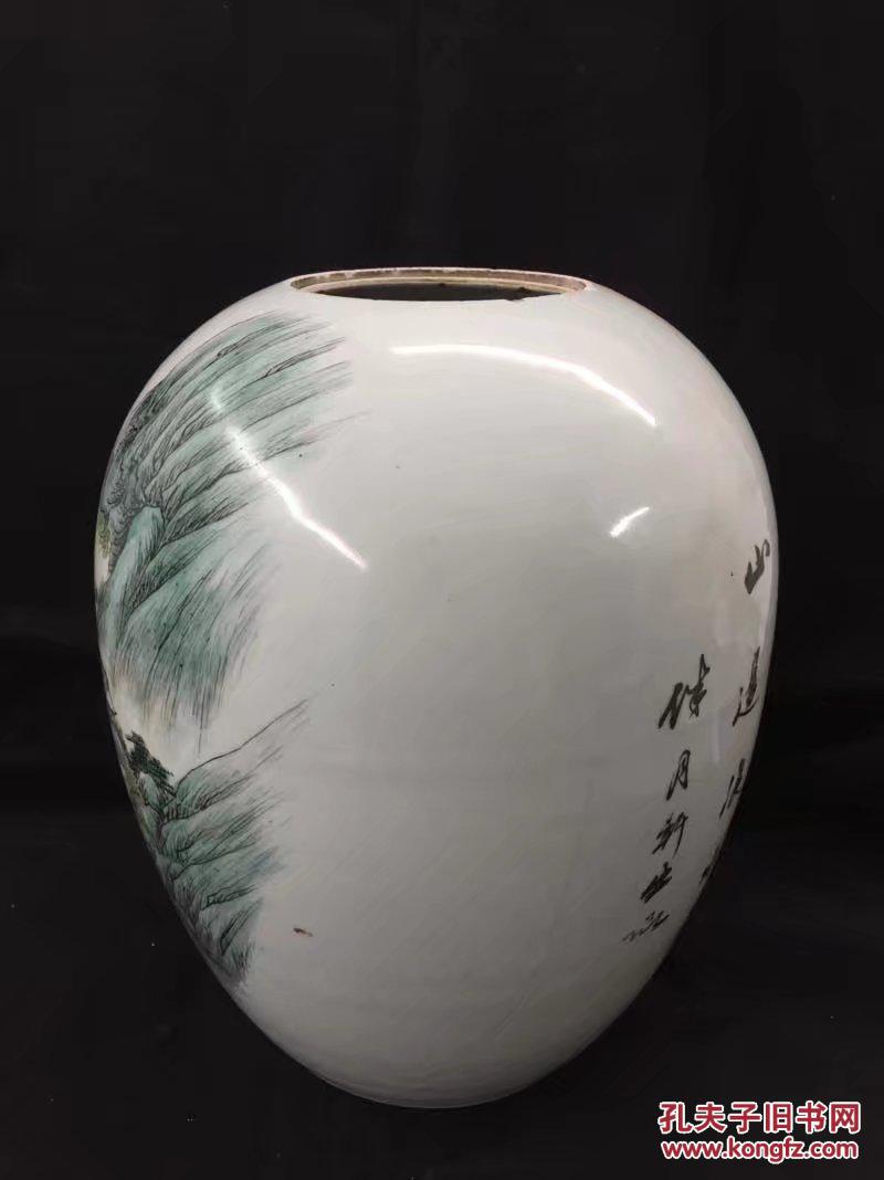 碧水青山畅怡然民国名家谢海如伴月轩精品诗画罐画风细路淡雅书法古致