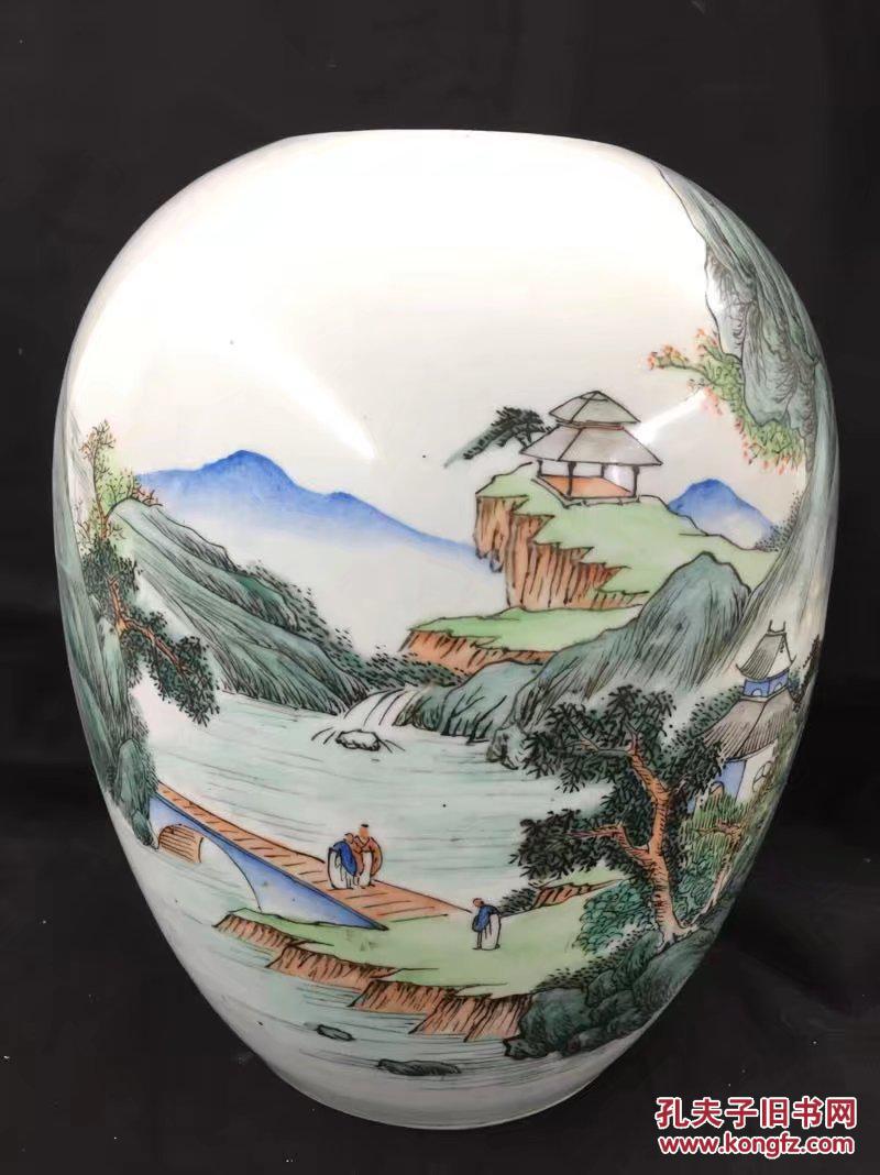 碧水青山畅怡然民国名家谢海如伴月轩精品诗画罐画风细路淡雅书法古致