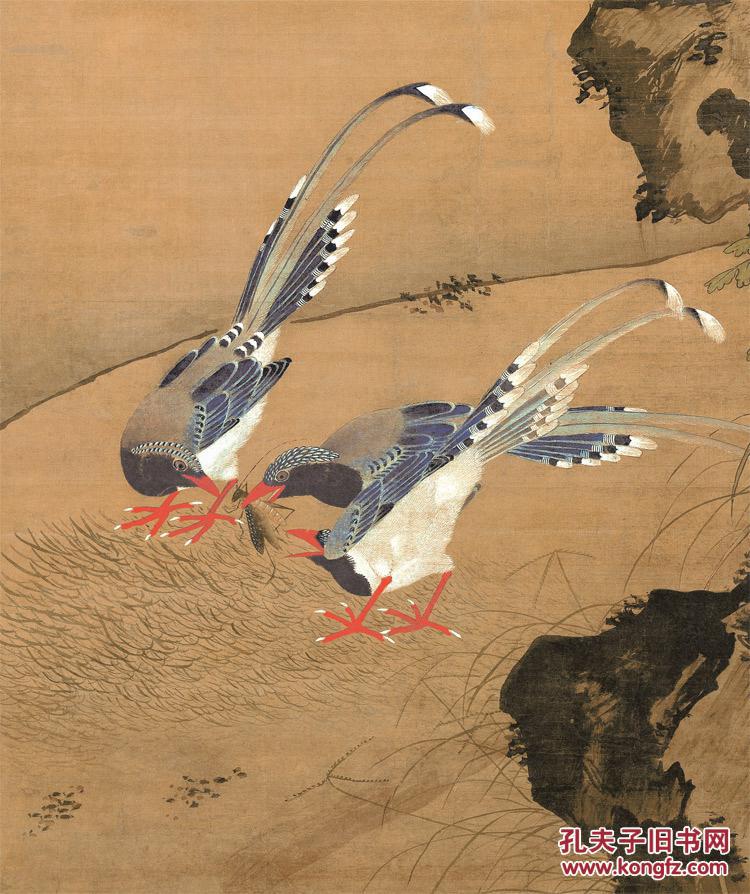 凝晖阁 明-吕纪-桂菊山禽图-绢本60x107. 国画 花鸟 原作版画