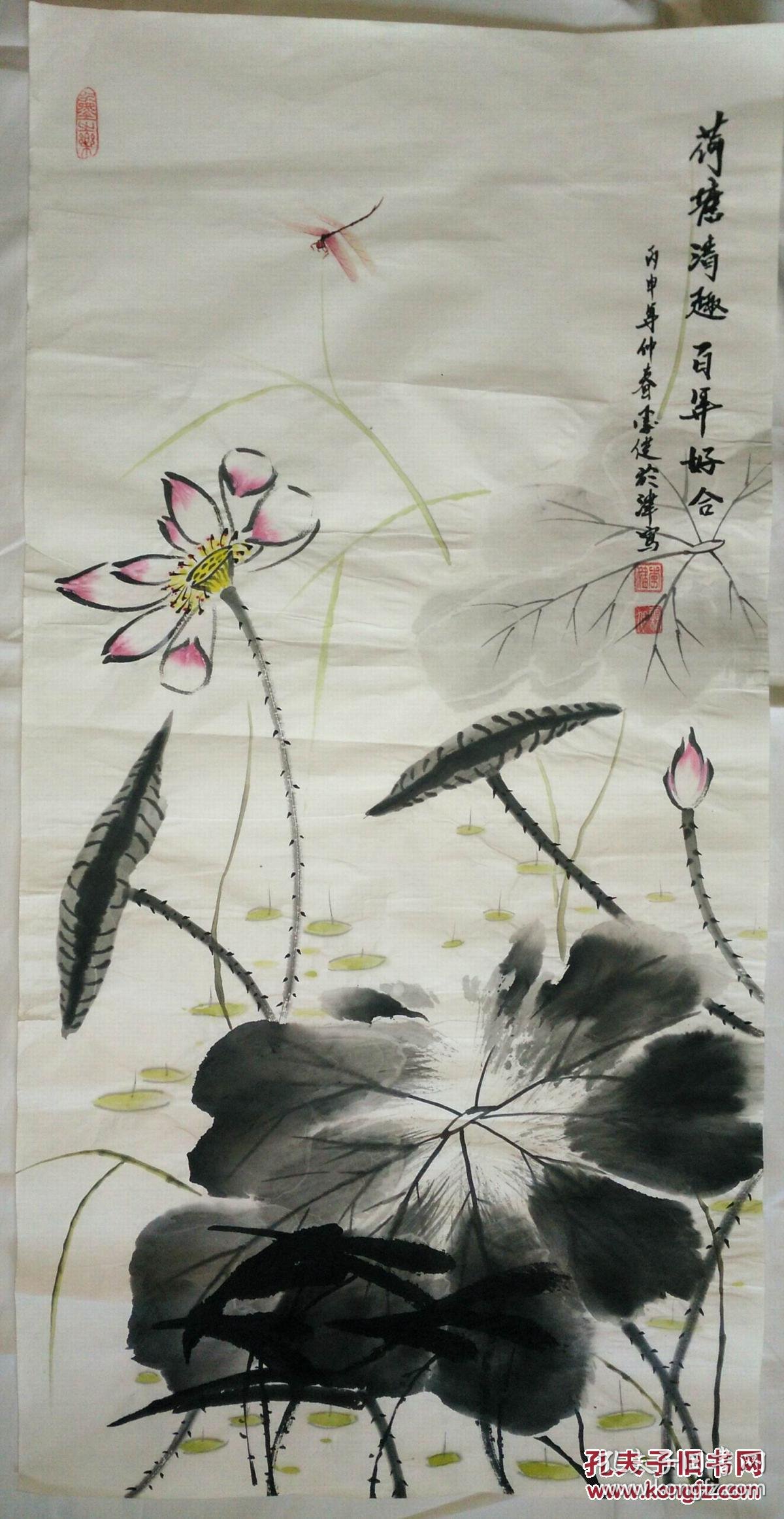 手绘真迹国画:李健花鸟画《荷塘清趣百年好合》(三尺)