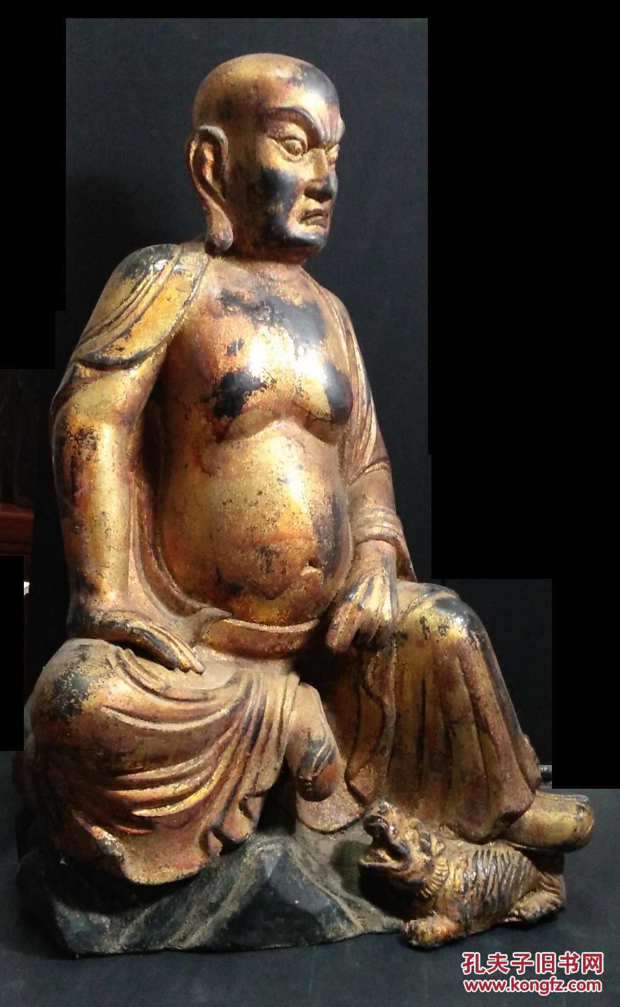 明代夹纻脱胎金漆伏虎罗汉佛像高79cm