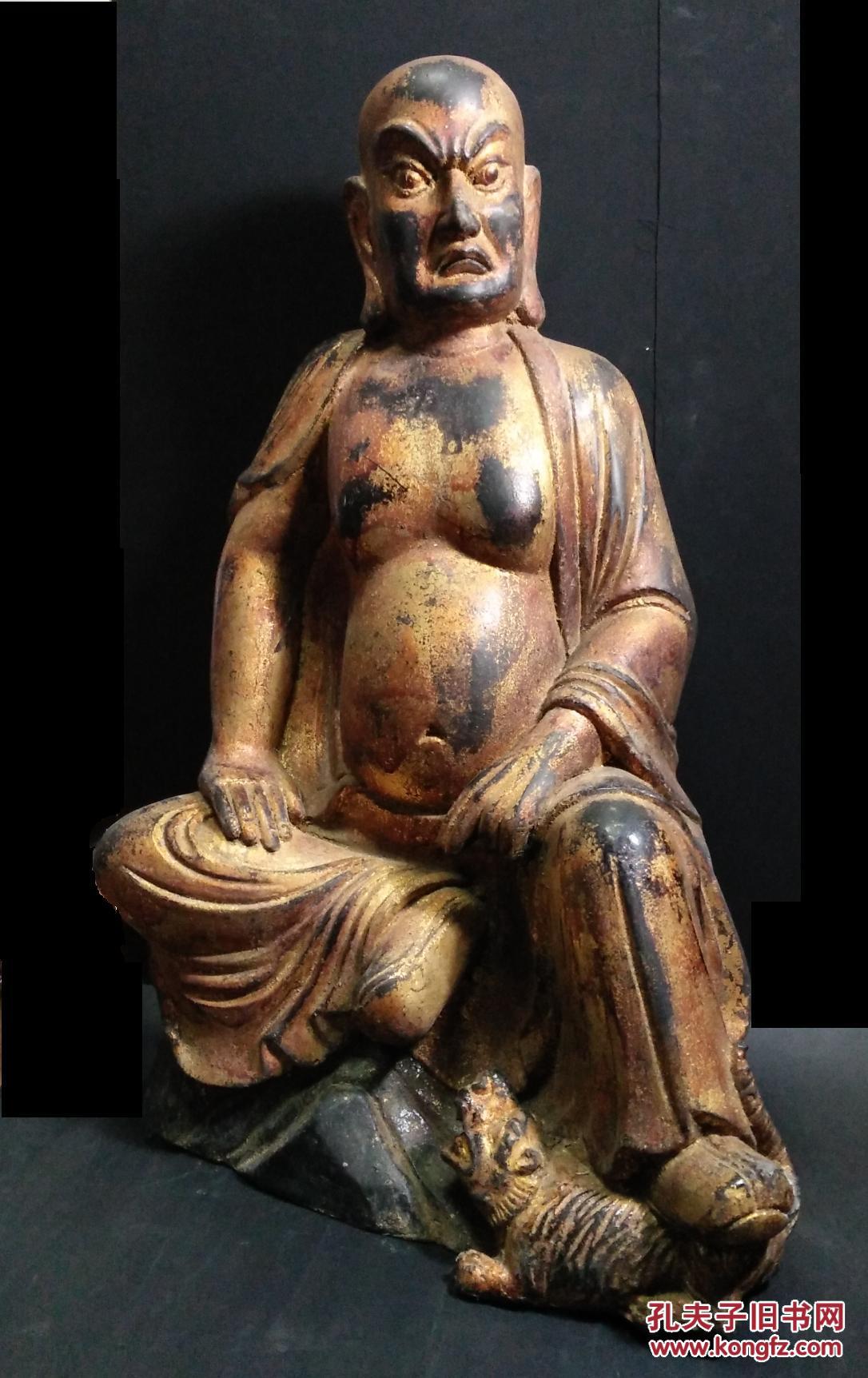 明代夹纻脱胎金漆伏虎罗汉佛像高79cm
