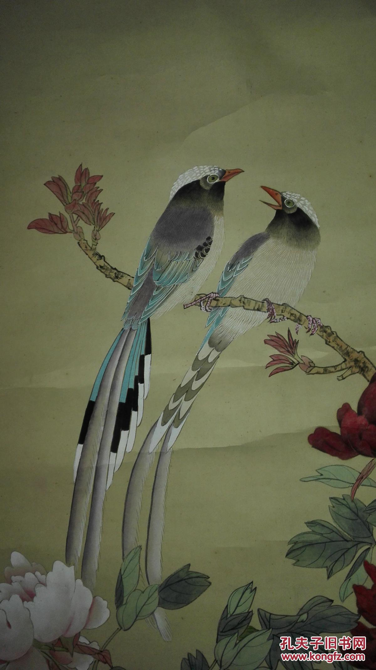 无款(有款自辨)《工笔牡丹双鸟图》 保真迹 原裱立轴