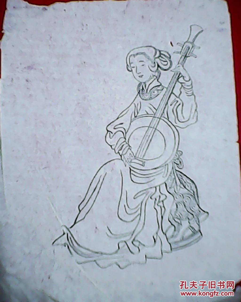 古代仕女画:宫女操琴(此画为宣纸线描,未着色;其尺寸大小为:宽23厘米