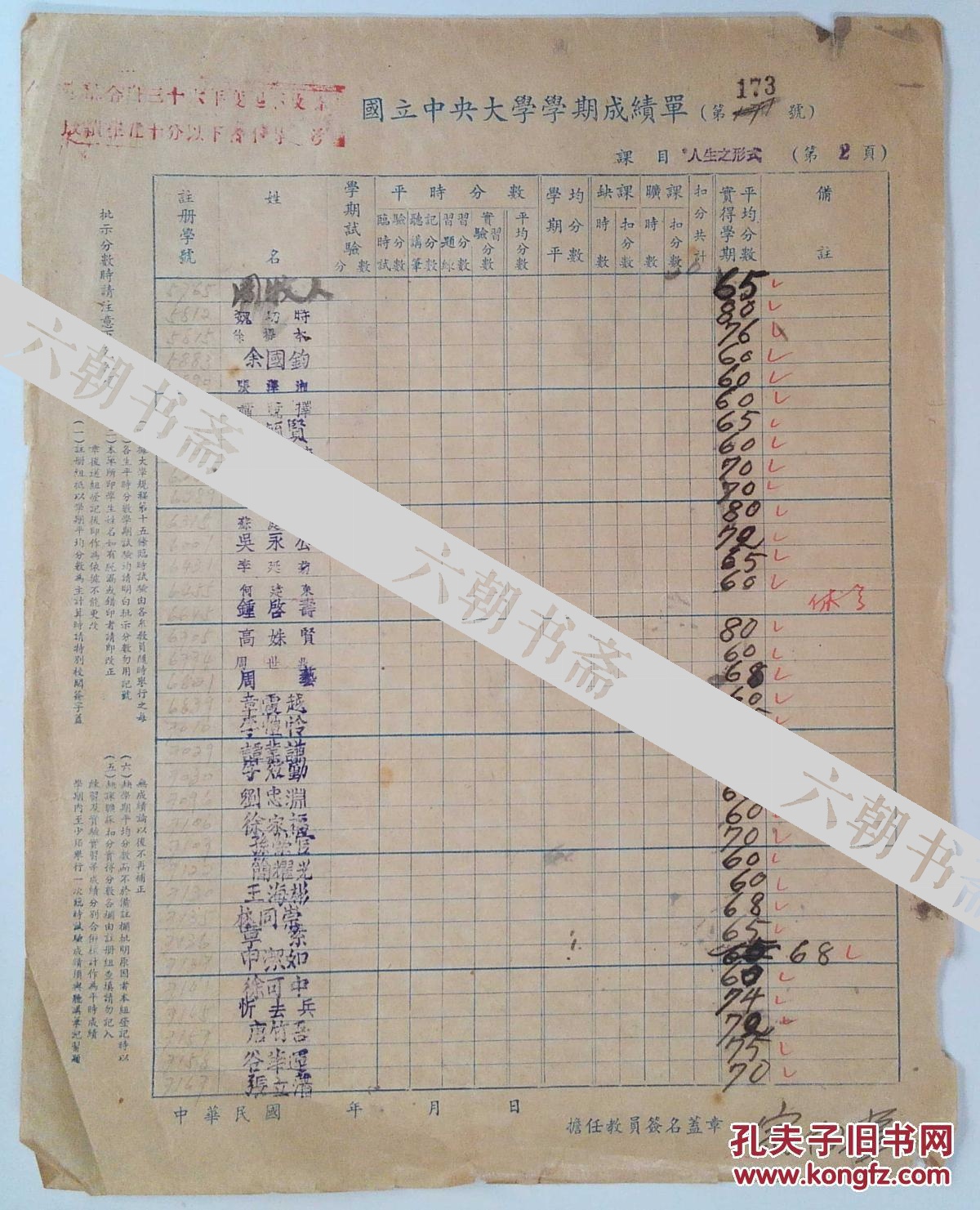 民国国立中央大学成绩单一张一代美学大师中央大学教授宗白华签名 孔夫子旧书网 民国国立中央大学成绩单一张一代美学大师中央大学教授宗白华签名 孔夫子旧书网