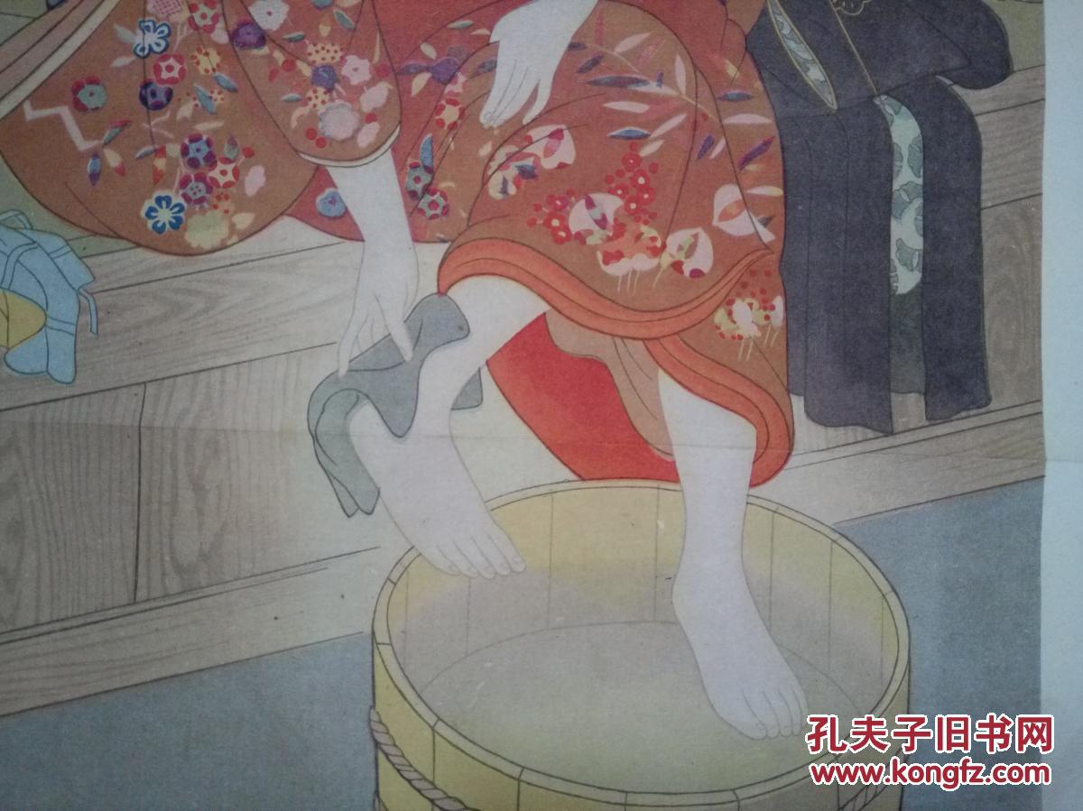 【日本名画印刷品4】大正时期印刷《旅之宿 美人图》大幅53.6x37.