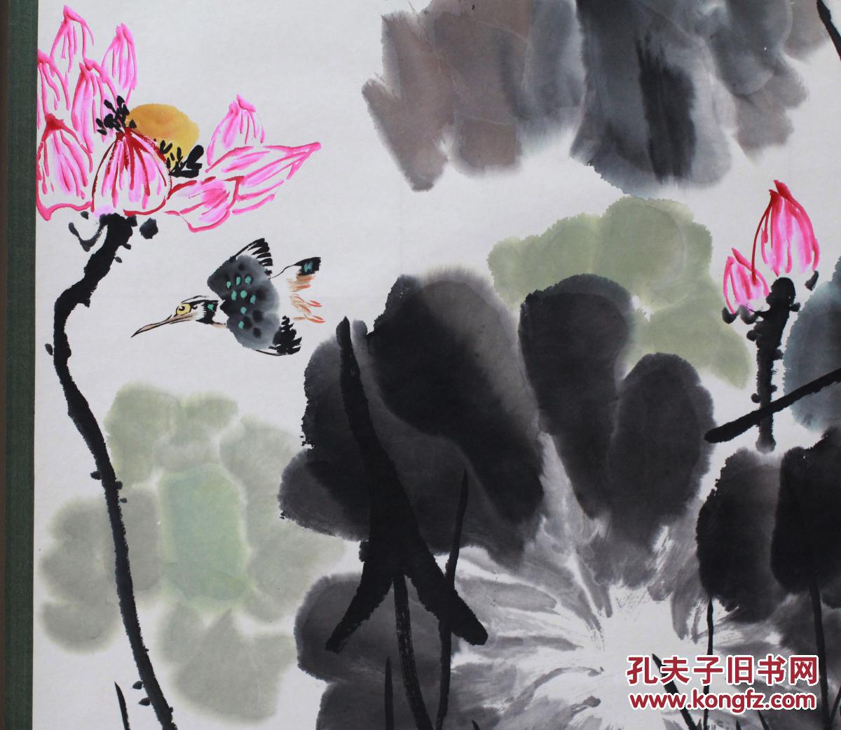 小写意名家【徐湛】欧阳中石弟子【朝露】荷花翠鸟图,原装裱,收来的