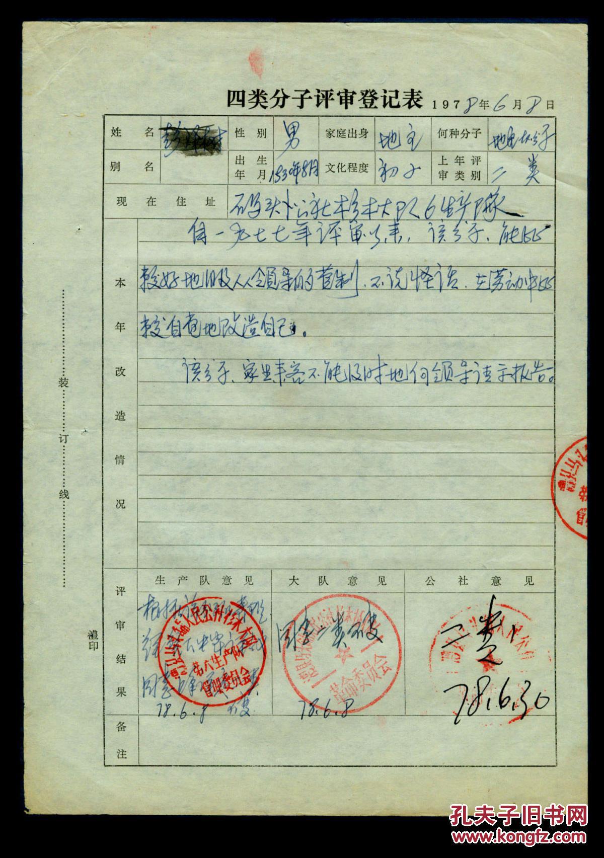 06.08四类分子评审登记表/彭泽树 ,18x26厘米.