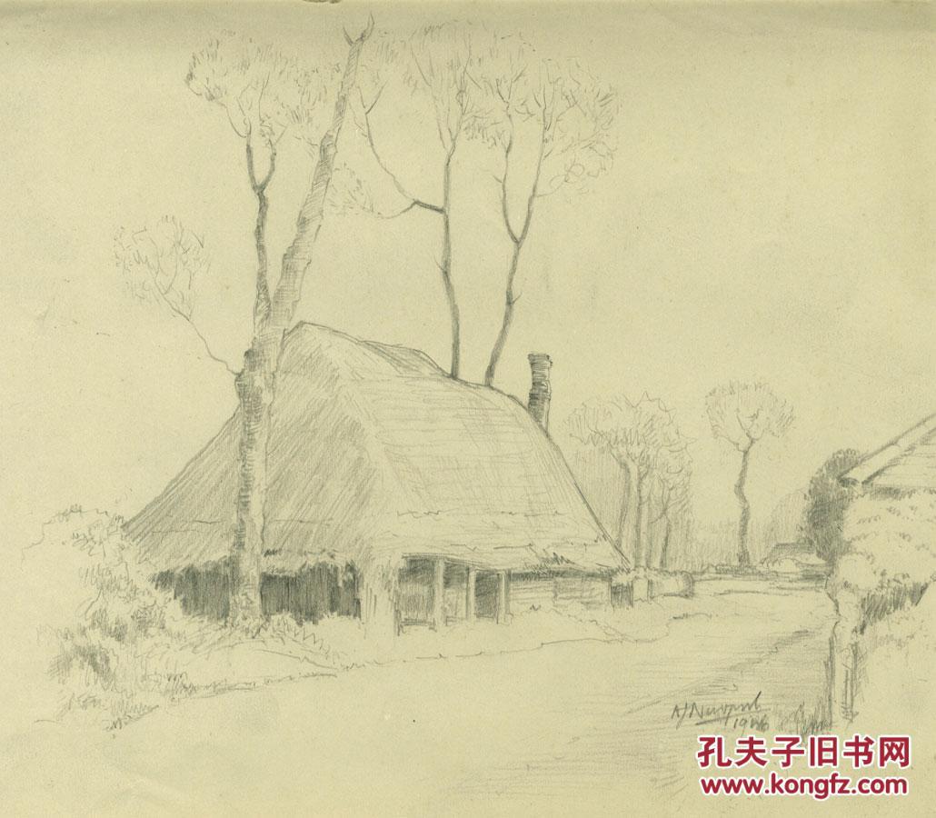 艺术家a newport 石墨绘画作品 田园风光茅屋"1946年版21.5 x 23.