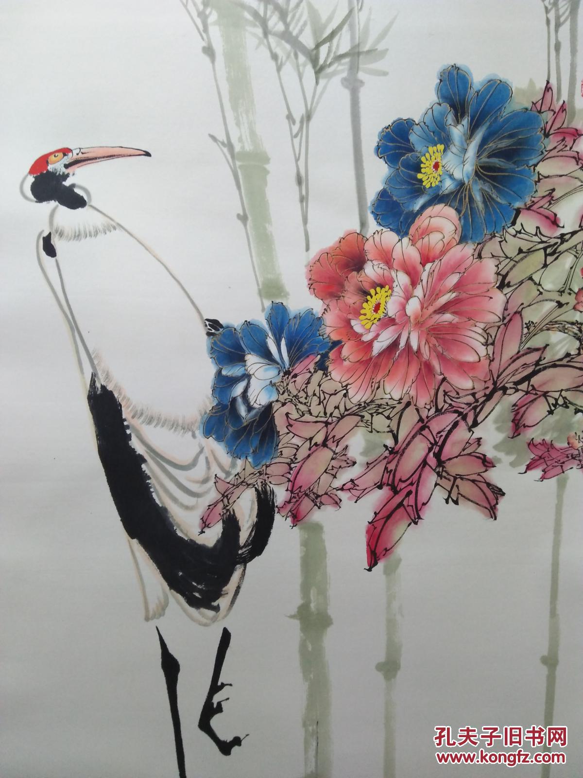 当代著名花鸟牡丹大师曹明冉四尺仙鹤牡丹图