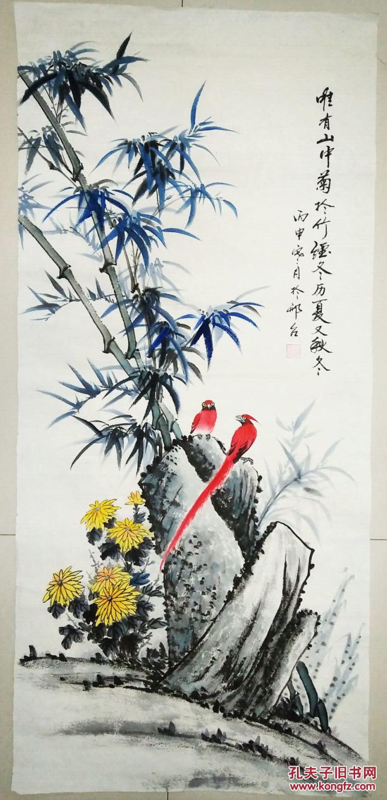 纯手绘花鸟画一幅 竹菊寿带图