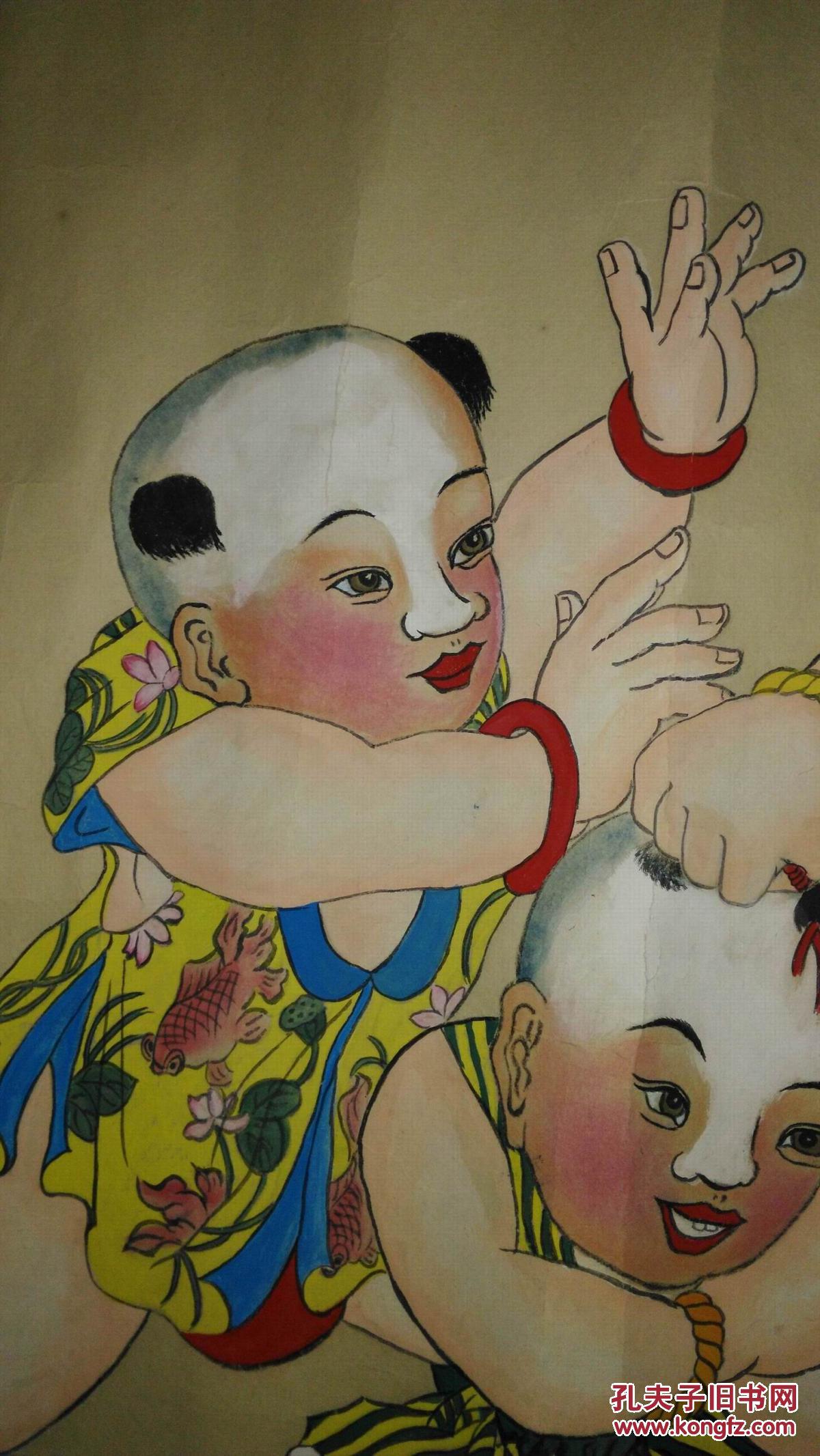 范善意手绘杨柳青年画《五子夺莲》横幅