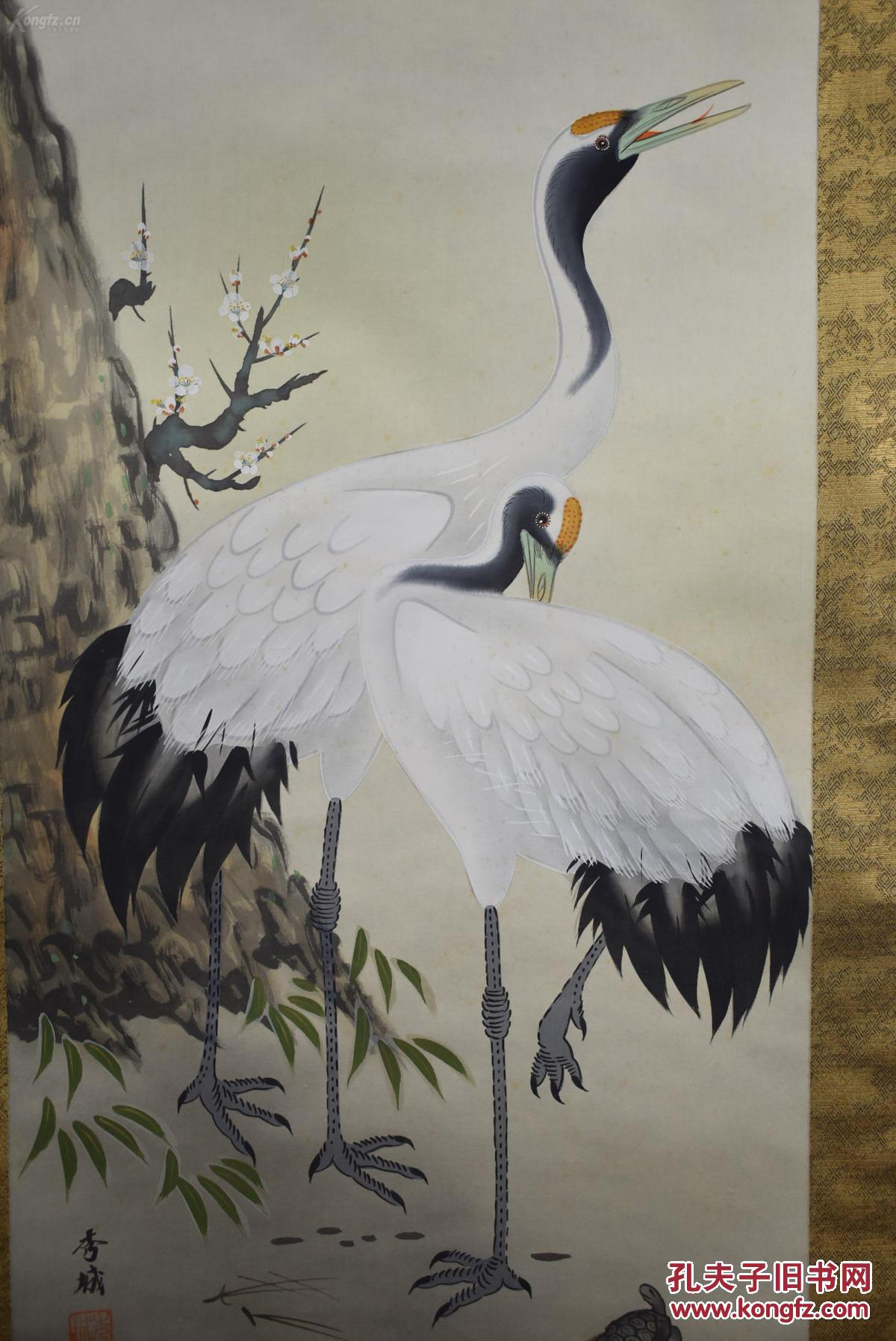 民国秀城绢本手绘松鹤图装裱立轴画一幅绫布装裱锦眉装