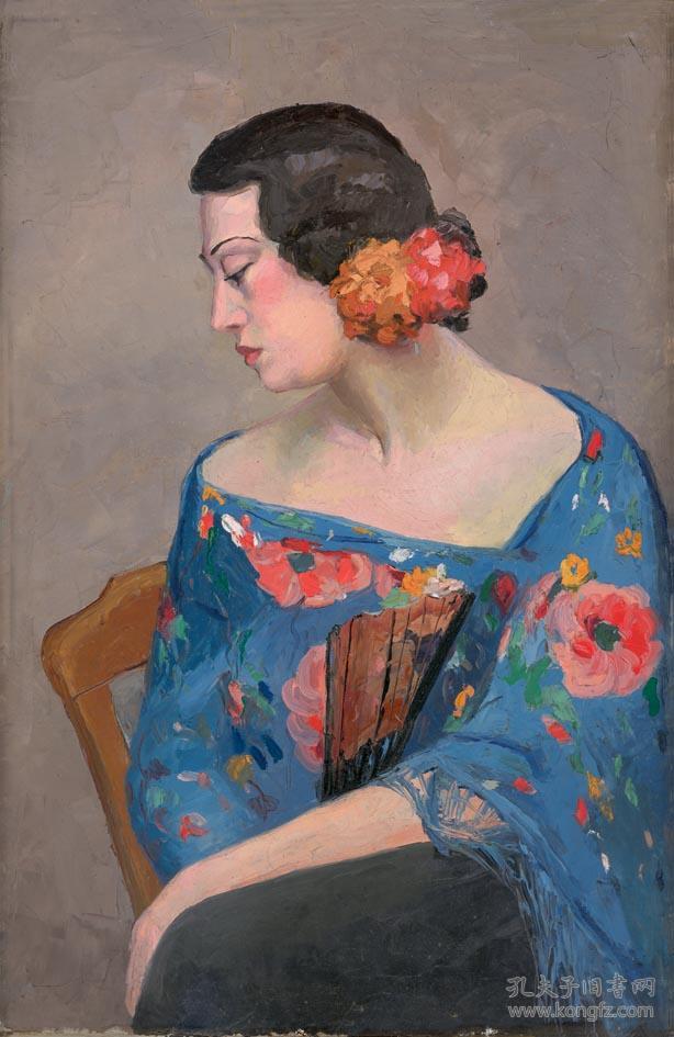 潘玉良戴花持扇女人