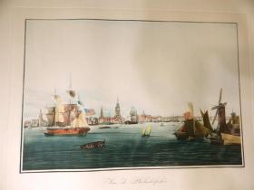 法国十九世纪大幅套色铜版画《费城港口风景》