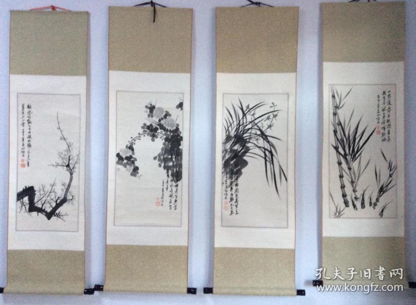 李陌石画家,四条屏《梅兰竹菊》, 桂林画家,保真作品.低价 出
