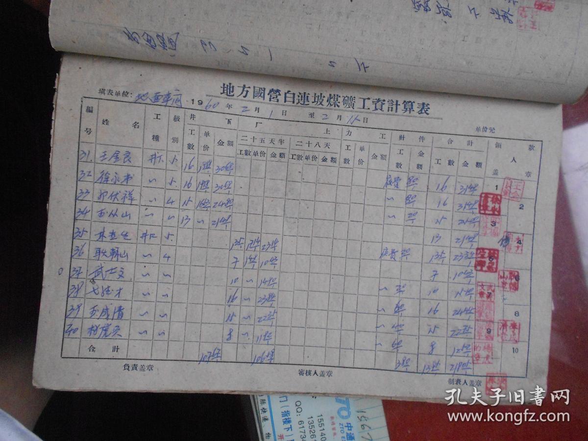 一九六零年 地方国营白连坡煤矿工资表【横16开 单位,姓名,级别,出勤