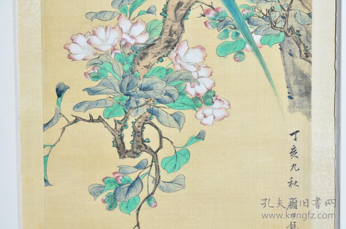 文物商店旧藏 民国原装旧裱绢本镜心 颜伯龙《桃花鹦鹉图》