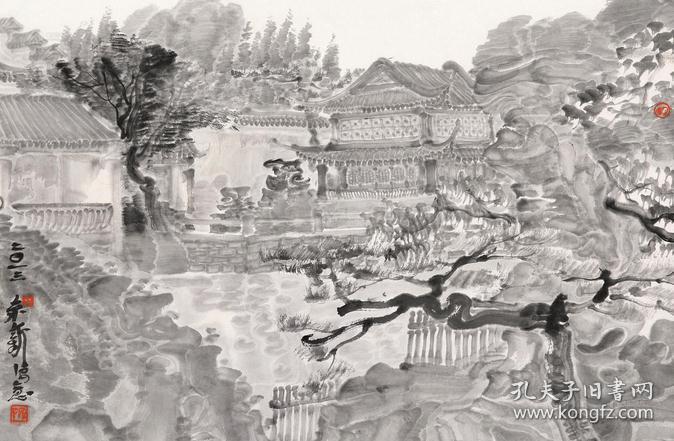 水墨园林 镜心 水墨纸本  作者周京新尺寸46