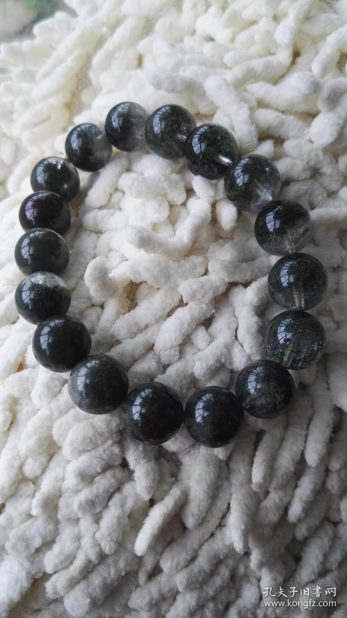 天然巴西绿幽灵 水晶手串 带红皮 15颗 1.2cm直径 聚宝盆