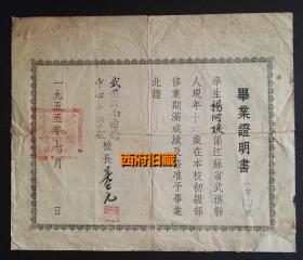 1955年，武进县南塘桥中心学校毕业证明书