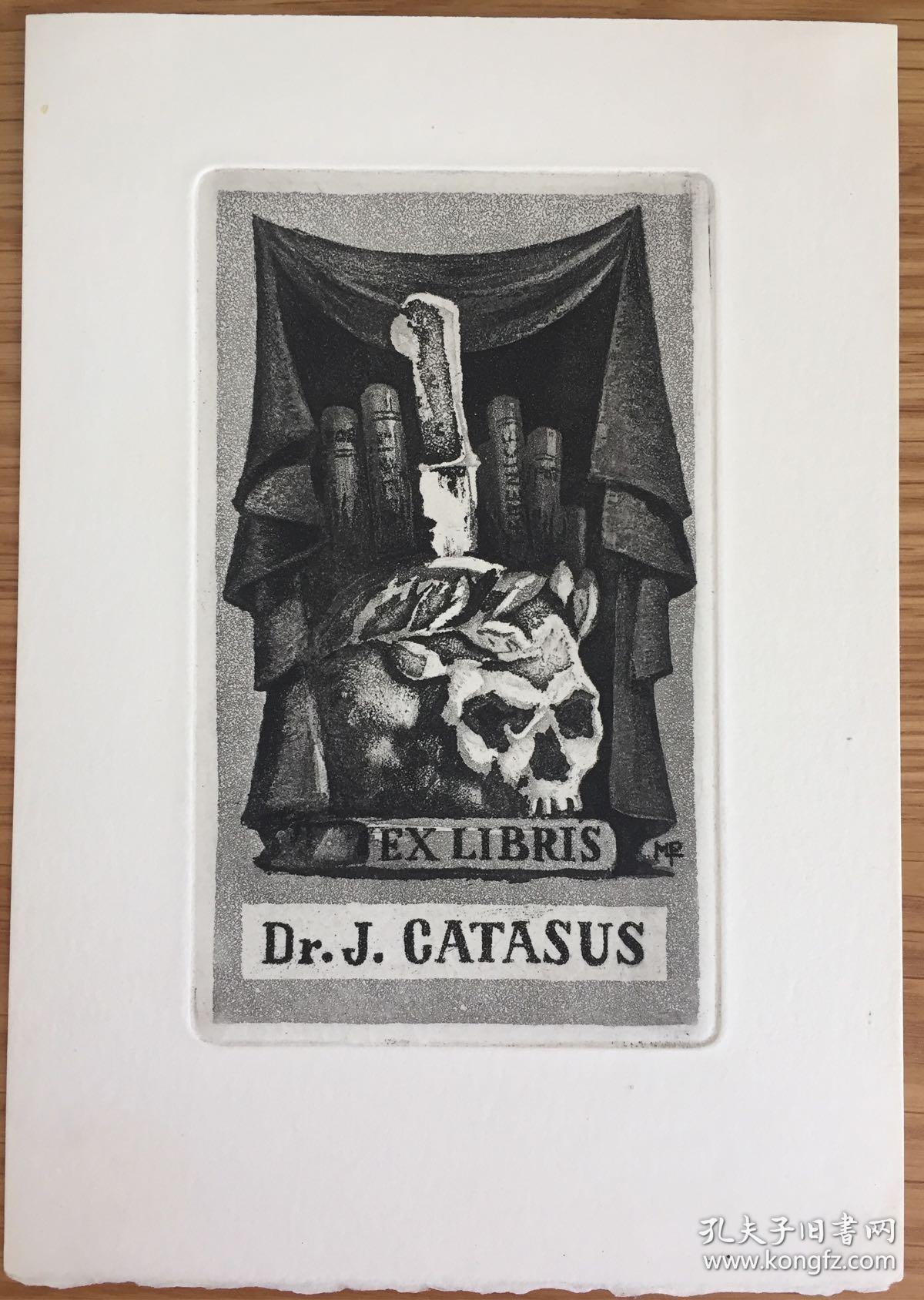 西班牙早期铜版藏书票书本上的骷髅