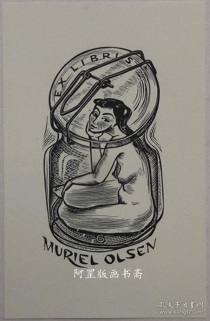 比利时木刻名家高登藏书票木版画昆虫罐里的裸女