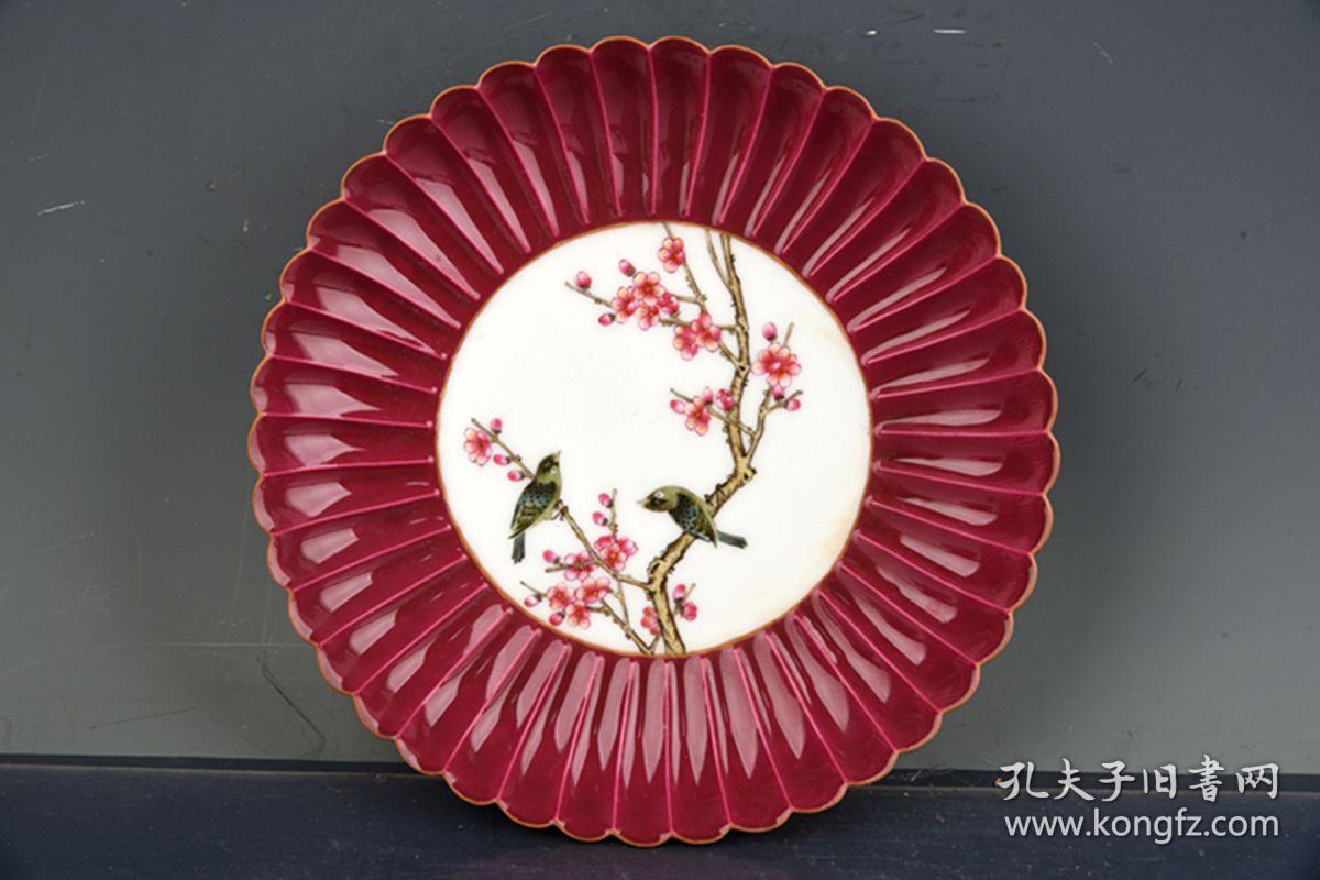 大清雍正年制胭脂红釉开光珐琅彩描金四季花鸟纹菊花口盘子一套