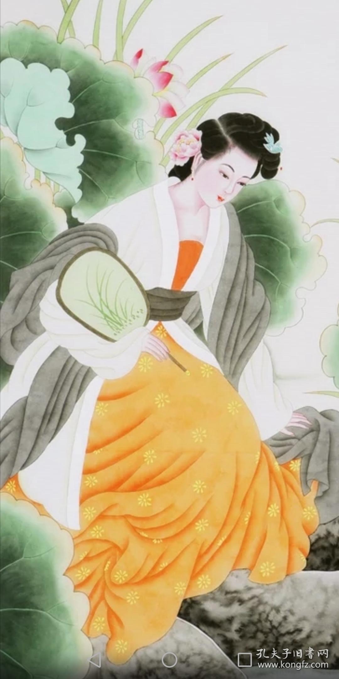 彭连熙工笔人物画纯手绘国画赏荷图