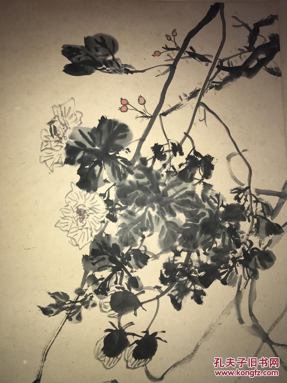 陈摩高徒沈彬如1989年作原装裱花鸟立轴99x55