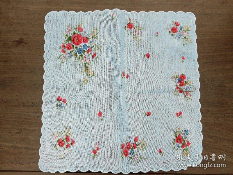 70年代篮底印花花卉纹布手绢