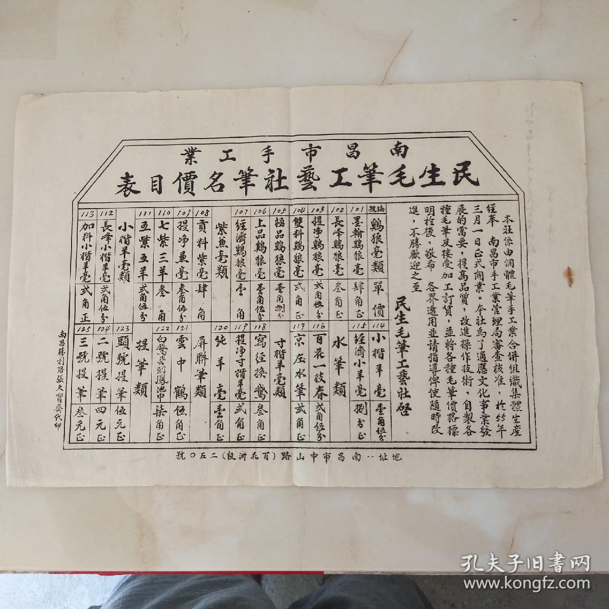 南昌市手工业民生毛笔工艺社笔名价目表