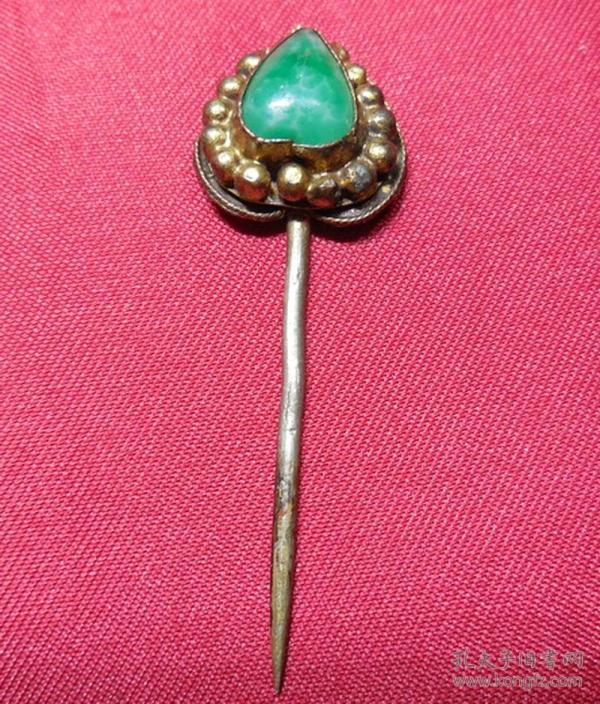 老银鎏金镶绿料器圆点边杏仁状小发簪民国期古董银器头首饰