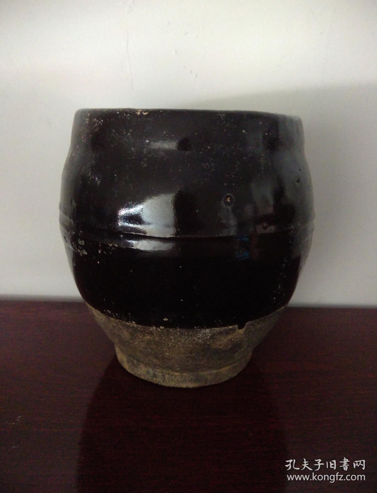 中古 元代 陶器 黑陶底薄胎黑釉罐 【永久保真】