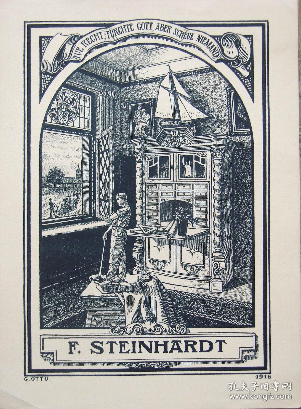 德国艺术家(g. otto)铜版藏书票 —《房间的一角》 1916