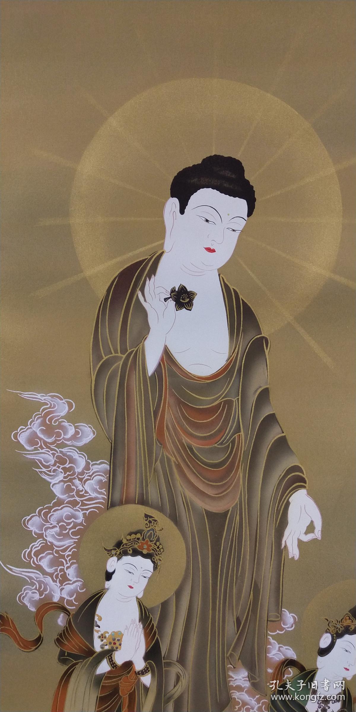 日本回流精美绘画《三尊佛》装裱立轴一幅,带金色轴头,带原木盒,装裱