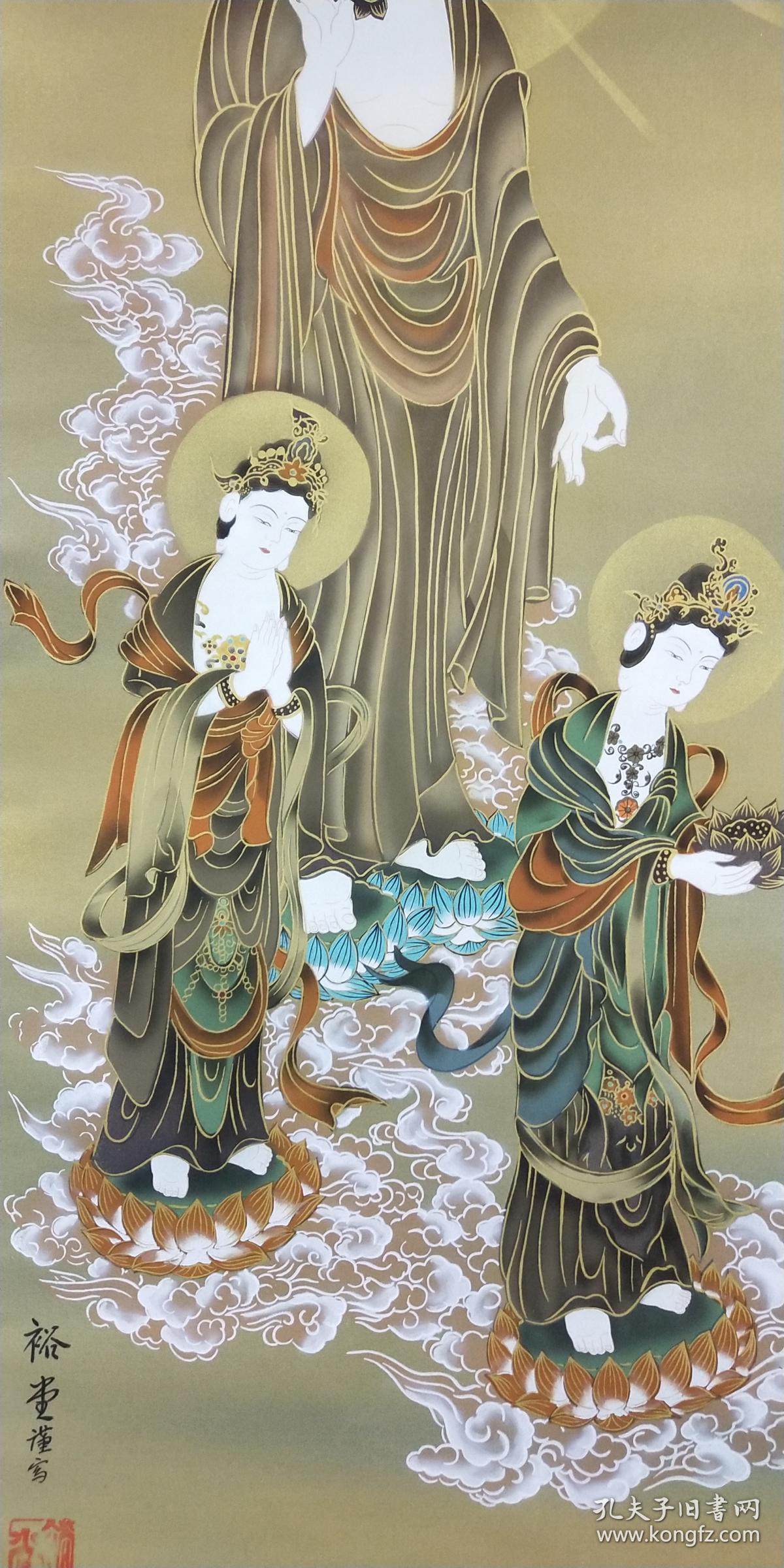 日本回流精美绘画《三尊佛》装裱立轴一幅,带金色轴头,带原木盒,装裱