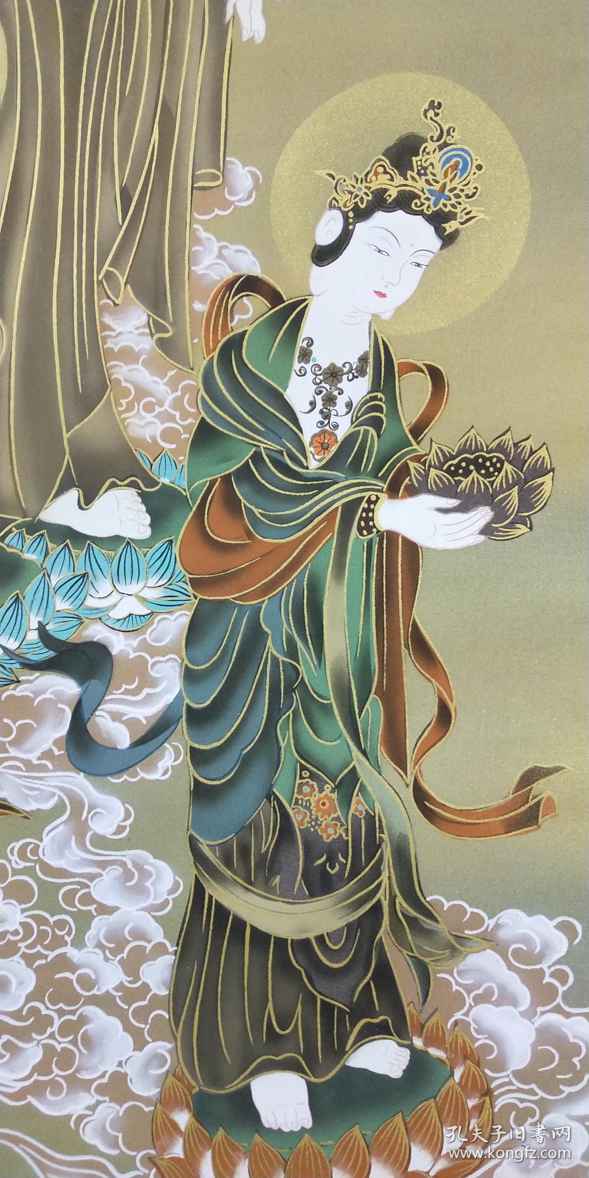 日本回流精美绘画《三尊佛》装裱立轴一幅,带金色轴头,带原木盒,装裱