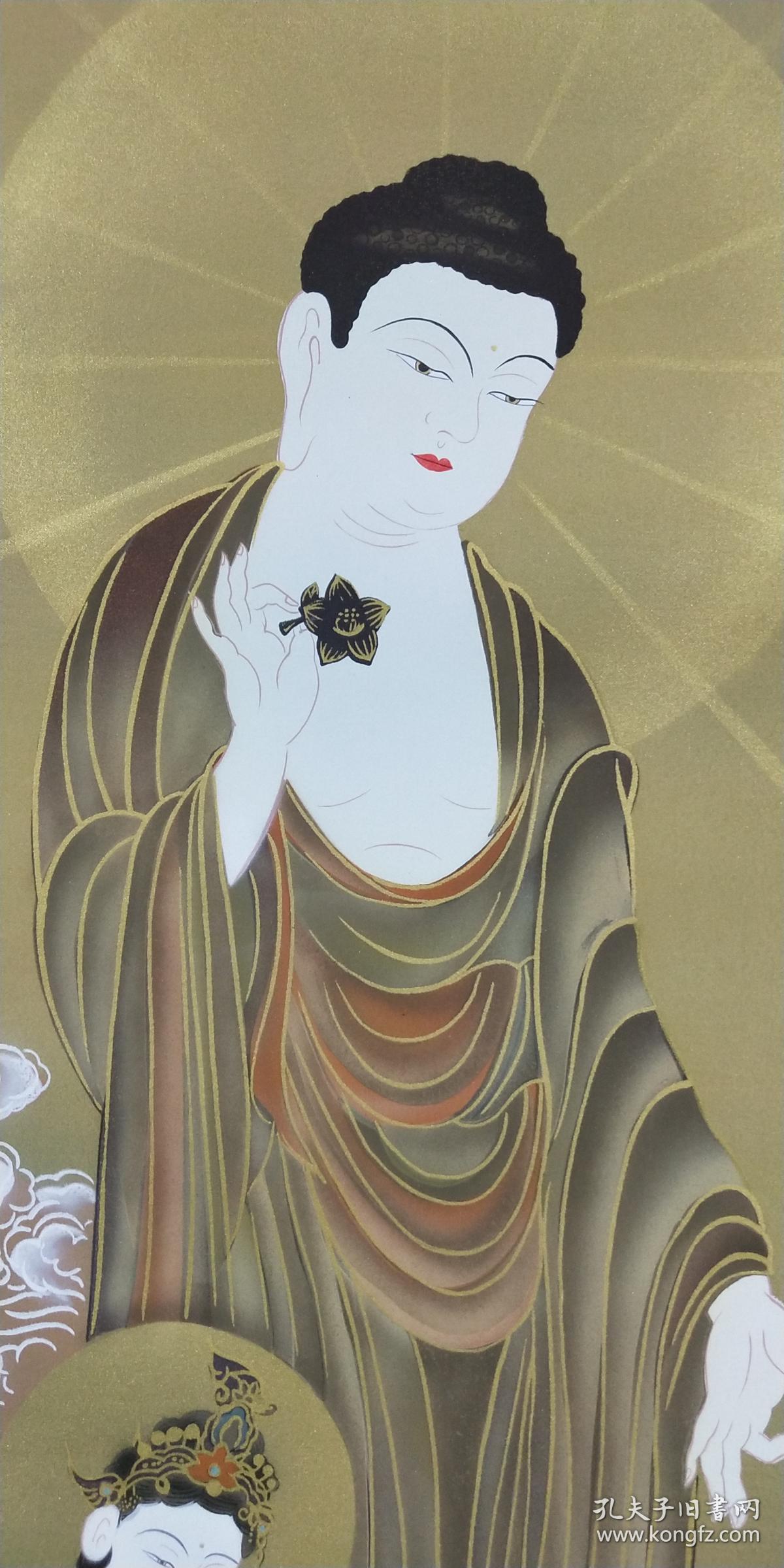 日本回流精美绘画《三尊佛》装裱立轴一幅,带金色轴头,带原木盒,装裱