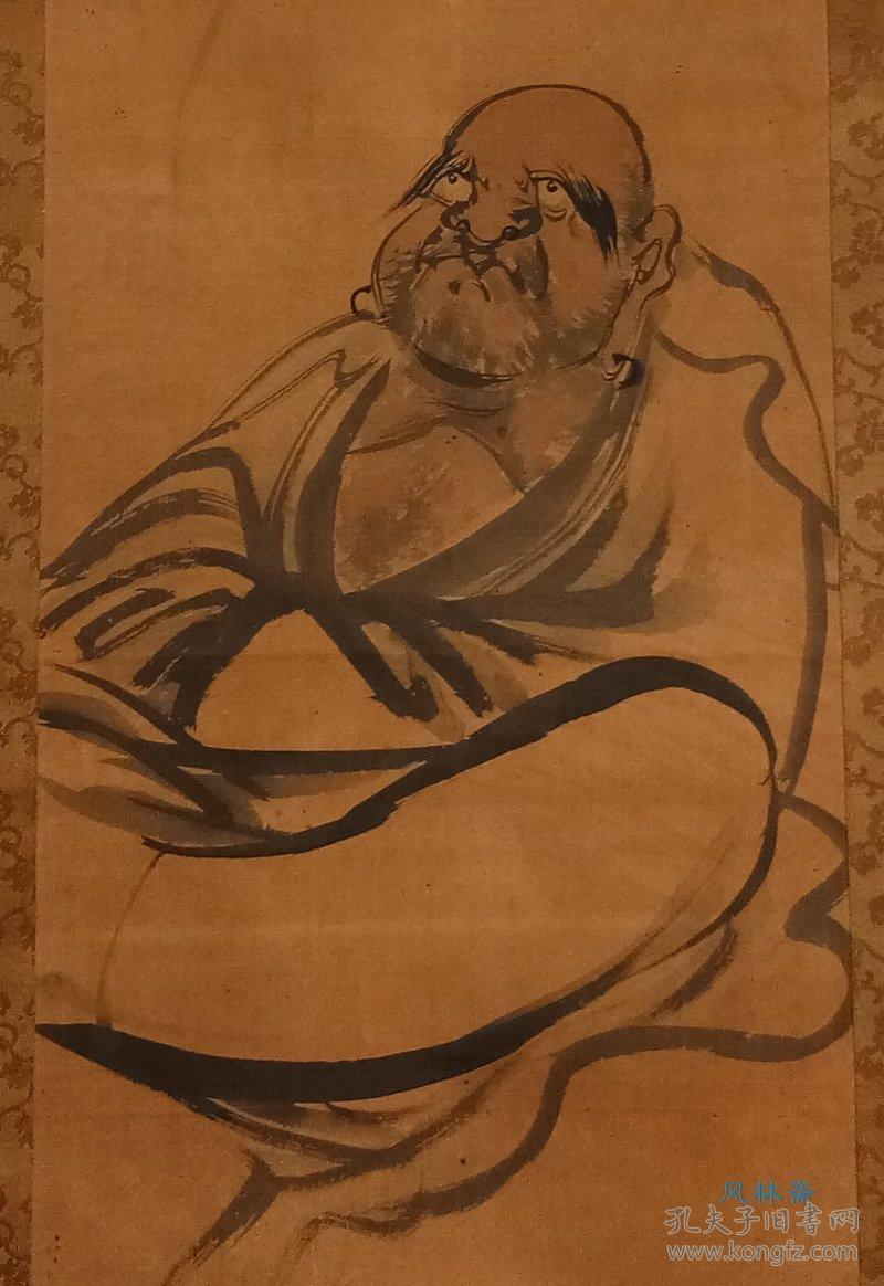 茶室挂轴古画达摩图绢本禅僧画日本寺院传来原装裱