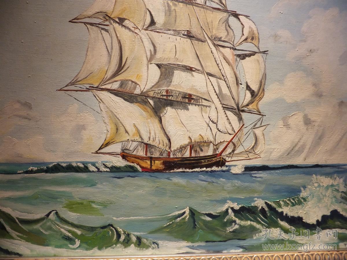 英国回流t.e.bell古董油画一副,奥地利的三桅帆船满帆怒海飞驰
