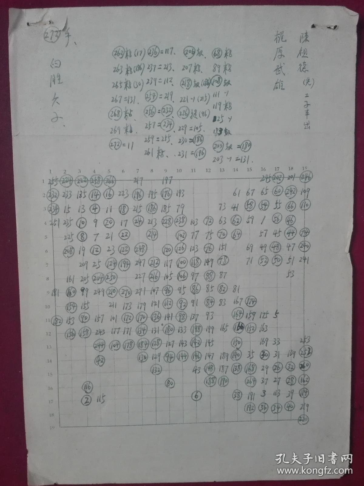 围棋棋谱1965年上海中日围棋比赛陈祖德对梶厚武雄一张手写